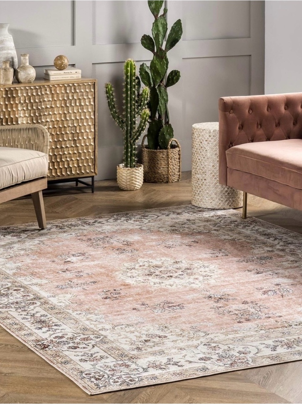 NuLOOM 6' x 6’ Square Washable Vintage Area Rug Peach Beige Distressed Floral